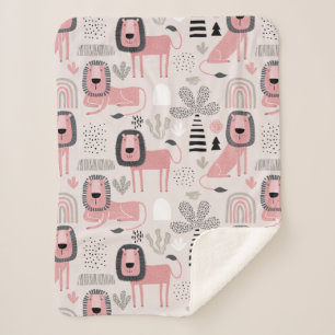 Modern Boho Pink Lions Rainbows Sherpa Blanket Deken