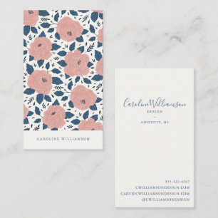 Modern Boho Pink Navy Blue Botanical Flowers Visitekaartje