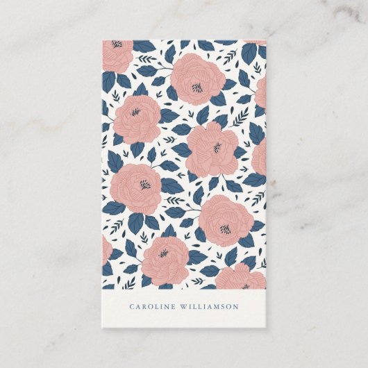 Modern Boho Pink Navy Blue Botanical Flowers Visitekaartje (Voorkant)