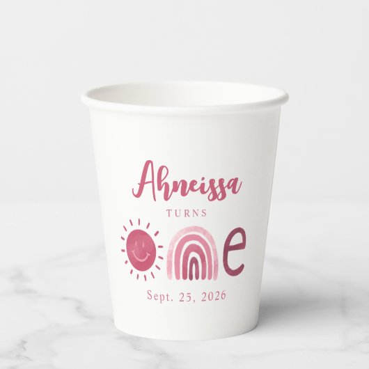 Modern Boho Pink Rainbow Sunshine First Birthday Papieren Bekers (Achterkant)