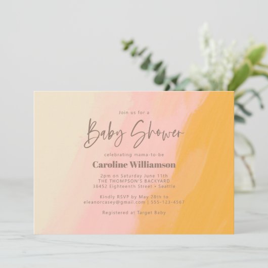 Modern Boho Pink Yellow Cute Script Baby shower Kaart (Staand voorkant)