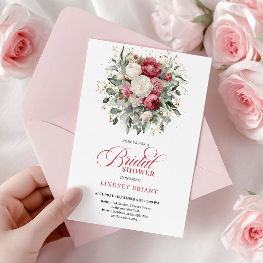 Modern Boho Red Blush Greenery Gold Bridal Shower Kaart