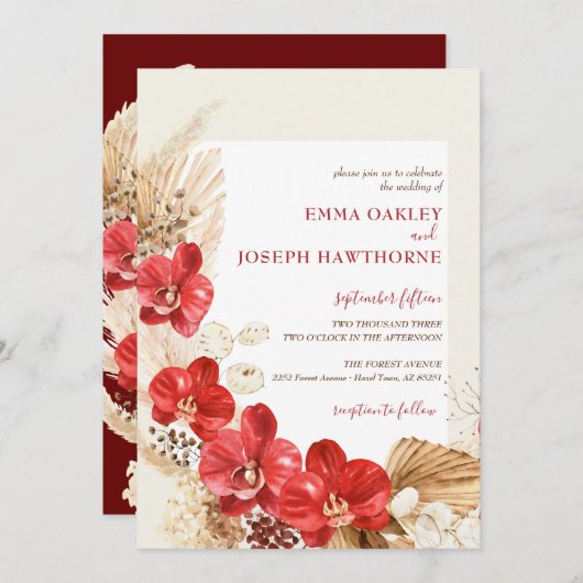 Modern boho red orchid herfst custom Wedding Invit Kaart (Voorkant / Achterkant)