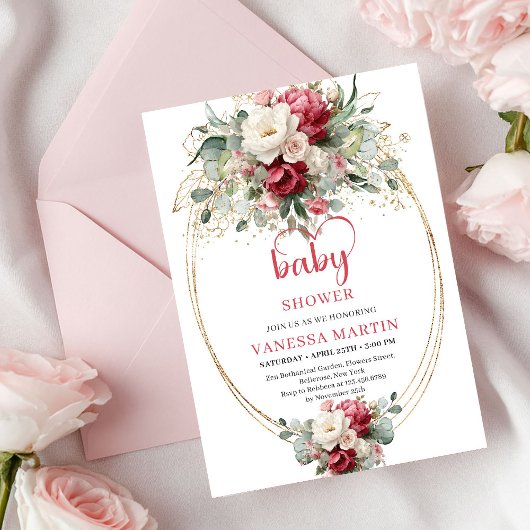 Modern Boho Red Pink Gold Floral Baby Invitation 
