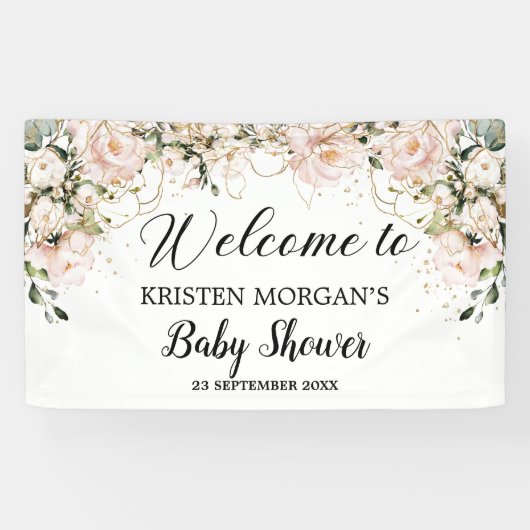 Modern Boho roze bloemengouden bladeren baby showe Spandoek (Horizontaal)