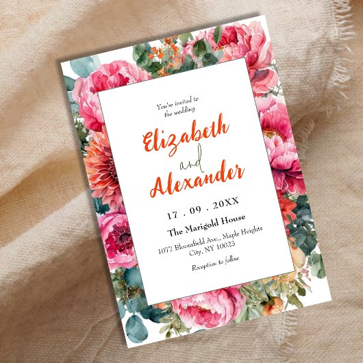 Modern Boho Roze Sinaasappel Waterverf Bloemen Huw Kaart