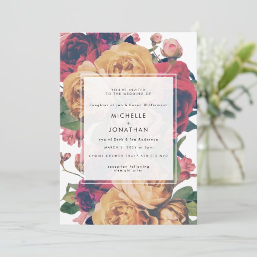  Modern Boho Rozen Wedding Kaart (Staand voorkant)