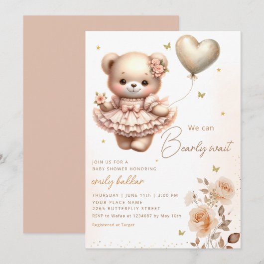 Modern Boho Teddy Bear Balloon Meisje Baby shower Kaart (Voorkant / Achterkant)
