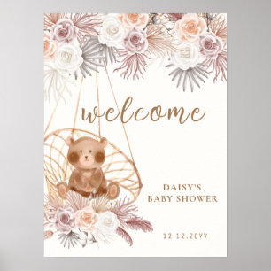 Modern Boho Teddy Bear Pampas Baby shower Welkom Poster