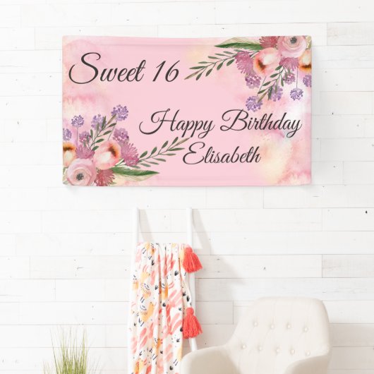 Modern boho waterverf floral zoete 16 party spandoek (Insitu)