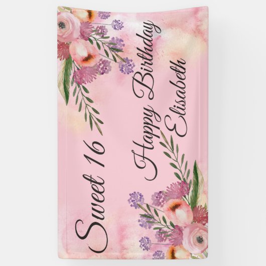 Modern boho waterverf floral zoete 16 party spandoek (Verticaal)