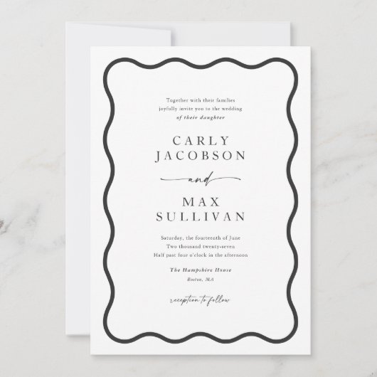 Modern Boho Wavy Lijst Zwart-wit bruiloft Kaart (Voorkant)