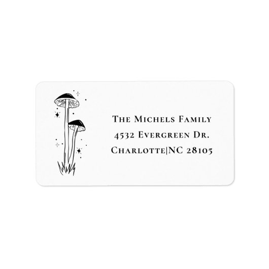 Modern Boho Zwart & Wit Retro Paddenstoelen Adres Etiket (Voorkant)