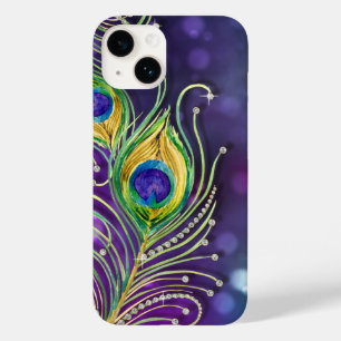 Modern Bokeh Sparkle Peacock Feathers Jewels Case-Mate iPhone 14 Hoesje