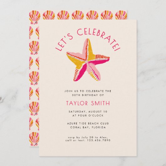 Modern Bold Beach Starfish Roze Verjaardagsfeest Kaart (Voorkant / Achterkant)