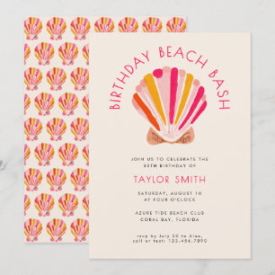 Modern Bold Beach Zomer Shell Roze Verjaardagsfees Kaart