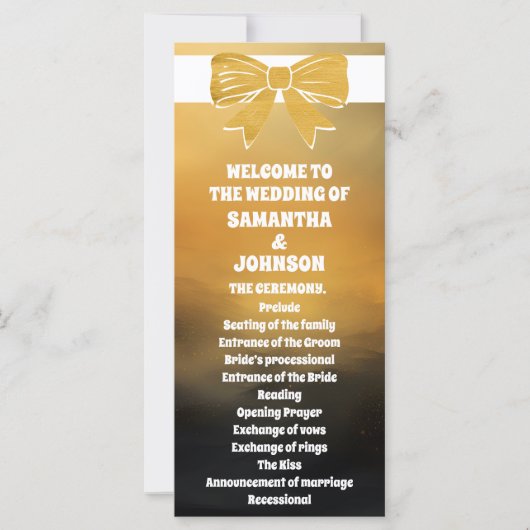 Modern Bold Black Gold Bow Wedding Program Kaart (Voorkant)