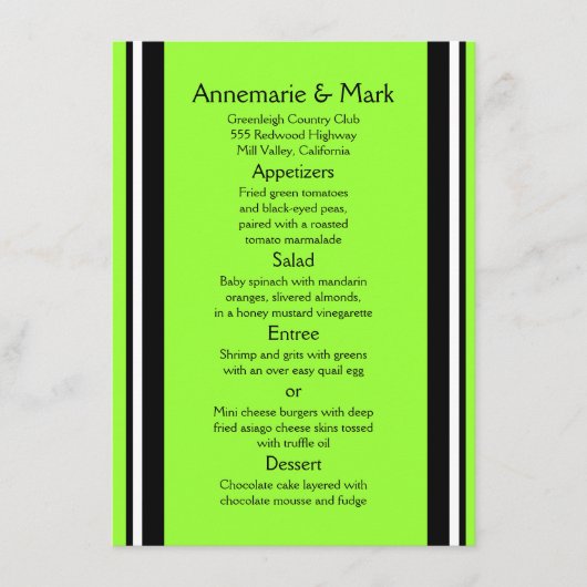 Modern Bold Black Limoen Stripes Wedding Menu (Voorkant)