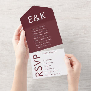 Modern Bold Burgundy Maroon Monogram Weddenschap All In One Uitnodiging