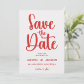 Modern Bold Casual Red Script Photo Wedding Retro Save The Date (Staand voorkant)