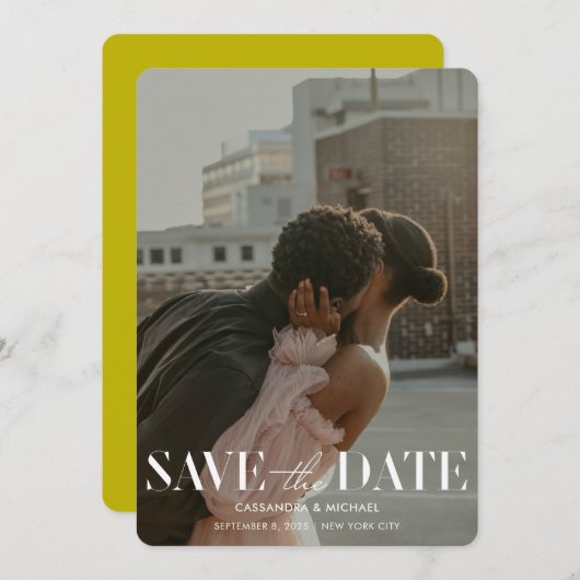 Modern Bold Chartreuse Photo Wedding Save Date Kaart (Voorkant / Achterkant)