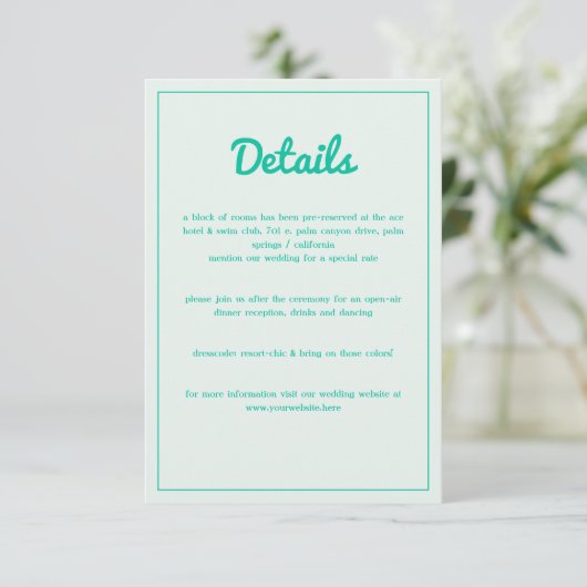 Modern Bold Emerald Mint Green Retro Vibes Wedding Informatiekaartje (Staand voorkant)