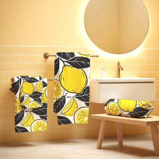 Modern Bold Lemon & Black Leaves  Seamless Pattern