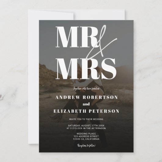 Modern bold Mr Mrs script zwarte foto bruiloft Kaart (Voorkant)