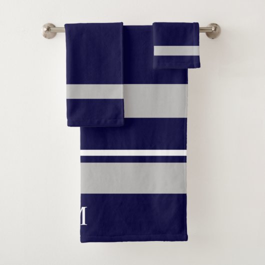 Modern Bold Navy Blue Grey Stripe Monogram Bad Handdoek (Insitu)