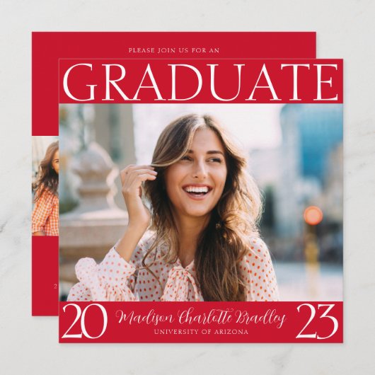 Modern Bold Red Photo Afstuderen Invitation Kaart (Voorkant / Achterkant)