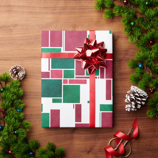 Modern Bold Rood en Groen Kerstmis Mondriaan Cadeaupapier (Feestdagen Geschenken)