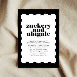 Modern Bold Scalloped Border Wit Zwart Bruiloft Kaart