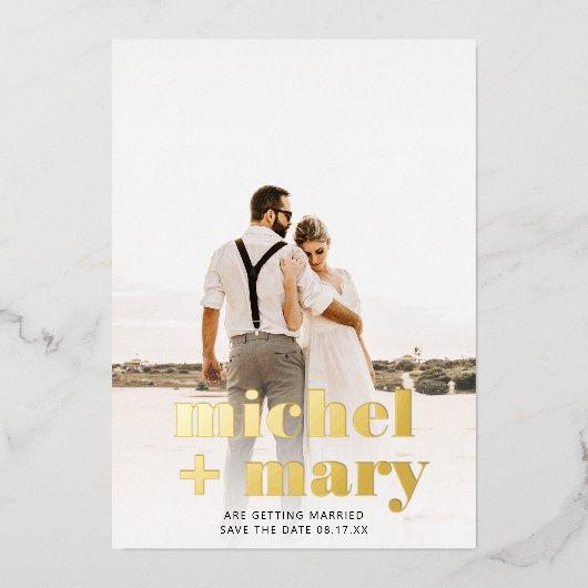 Modern bold script save the date wedding photo folie uitnodiging (Voorkant)