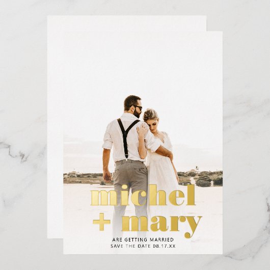 Modern bold script save the date wedding photo folie uitnodiging (Voorkant / Achterkant)