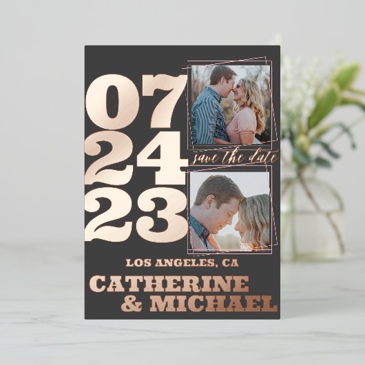 Modern Bold Typography Roos Gold & Grey Folie Uitnodiging (Staand Voorkant)