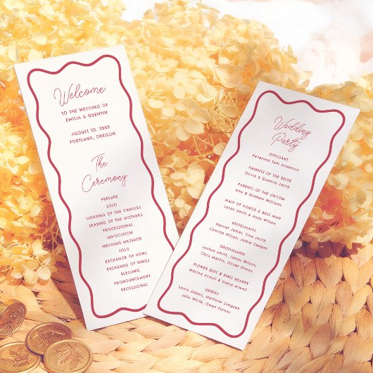Modern Bold Wavy Frame Retro Red Wedding Programma