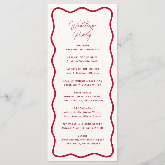 Modern Bold Wavy Frame Retro Red Wedding Programma (Achterkant)