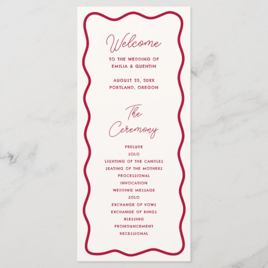 Modern Bold Wavy Frame Retro Red Wedding Programma (Voorkant)