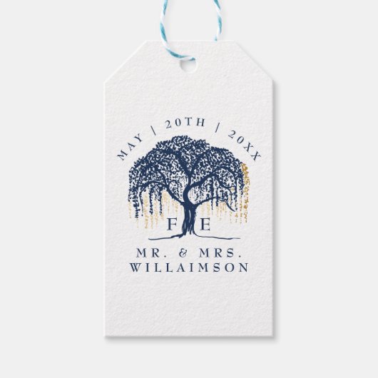 Modern Bold Willow Tree Navy Blauw Goud Bruiloft Cadeaulabel (Voorkant)