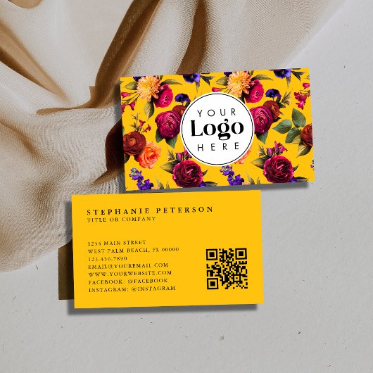 Modern Bold Yellow Floral Custom Logo QR Code Visitekaartje