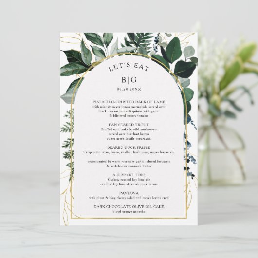 Modern Boog Botanische Begroeiing Bruiloftsmenu Menu (Staand voorkant)