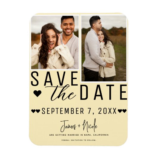 Modern Bord Geel Save the Date 2 Foto Bruiloft Magneet (Verticaal)