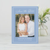 Modern Border Script Blue Photo Wedding Save The Date (Staand voorkant)