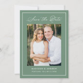 Modern Border Script Sage Green Photo Wedding Save The Date (Voorkant)