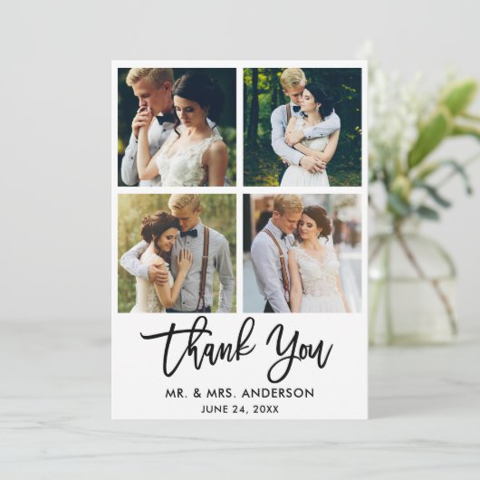 Modern Borstel Script Bruiloft 4 Foto Bedankkaart (Staand voorkant)