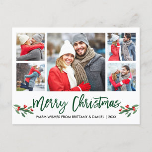 Modern Borstelscript Groen 5 Foto Merry Christmas Briefkaart
