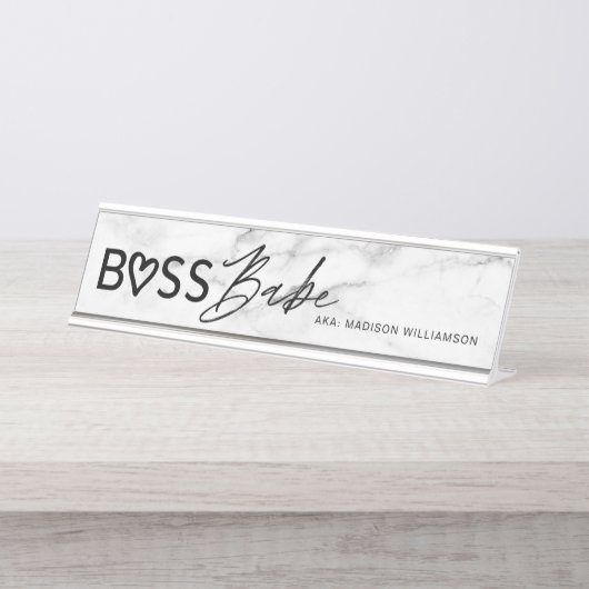 Modern Boss Babe White Grey Marble & Black Bureau Naambordje (Voorkant)