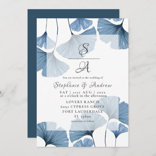 Modern Botanical Blue Gingko Wedding Kaart (Voorkant / Achterkant)