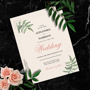Modern Botanical Coral Green Wedding Invitation Briefkaart