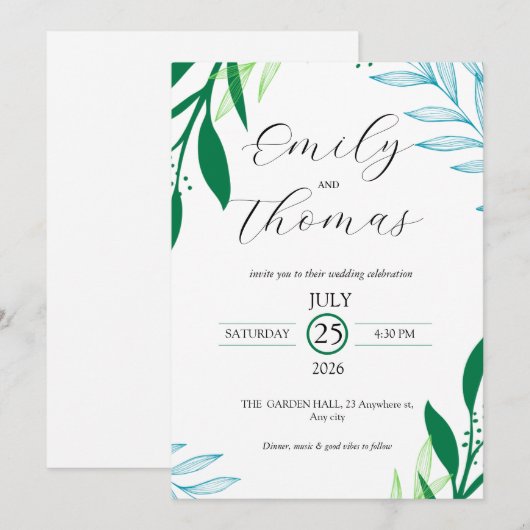 Modern Botanical Green Leaf Wedding Invitation (Devant / Derrière)